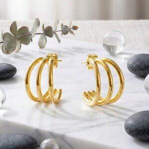 18K Gold Plated Triple Hoop Earrings Stainless Steel Small Minimalist Split Stud